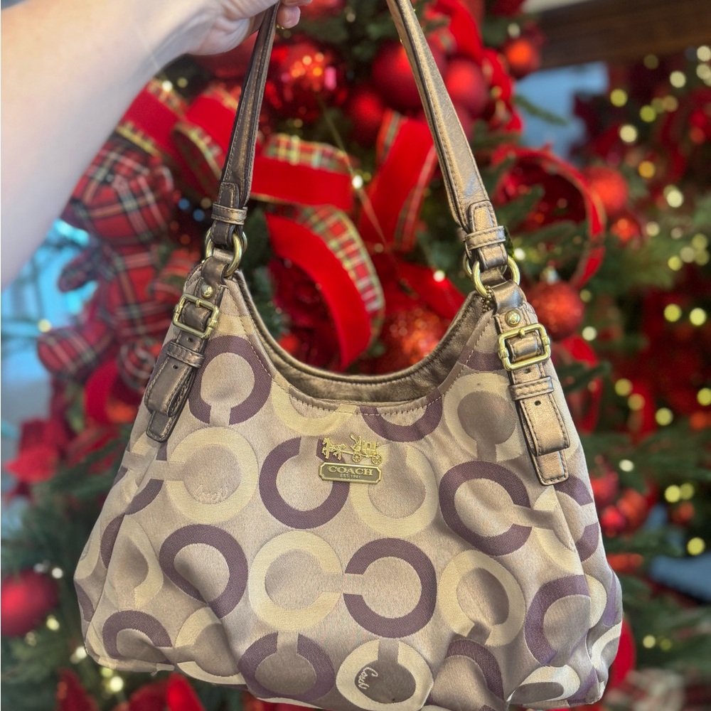 Coach Brown and Tan Signature Shoulder Bag